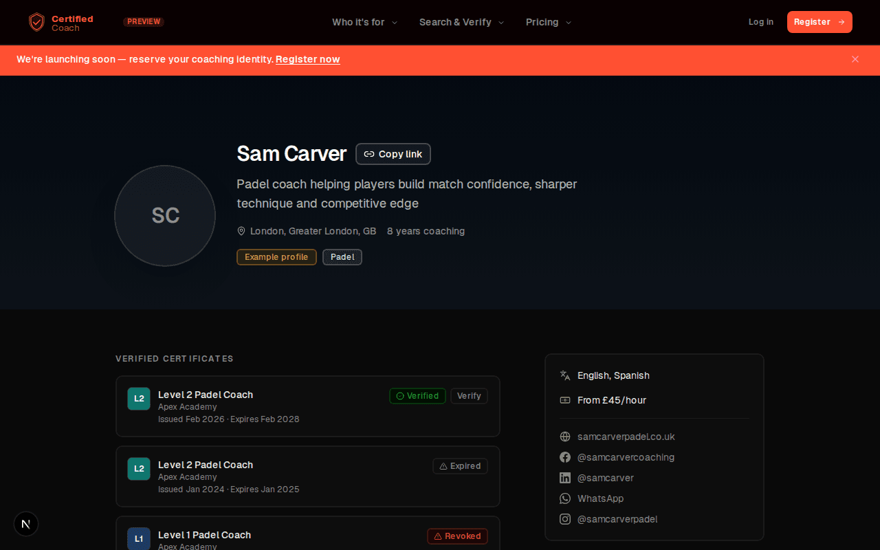 Coach profile with verified credentials and booking CTA